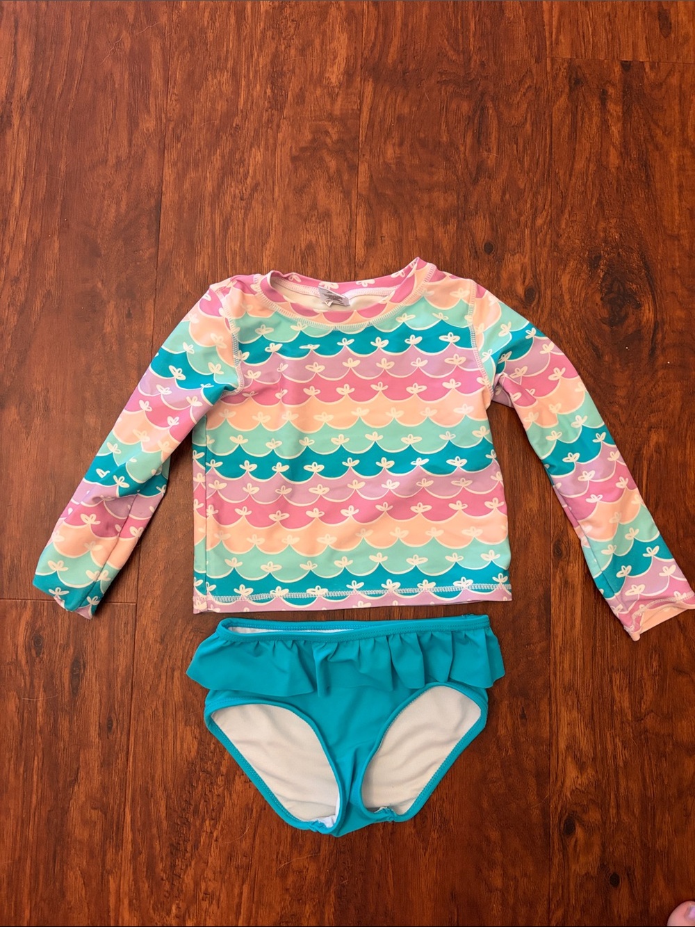 Ruffle Butts-Girls' Long Sleeve Rash Guard Bikini Set - Wave Print & Teal Bottom